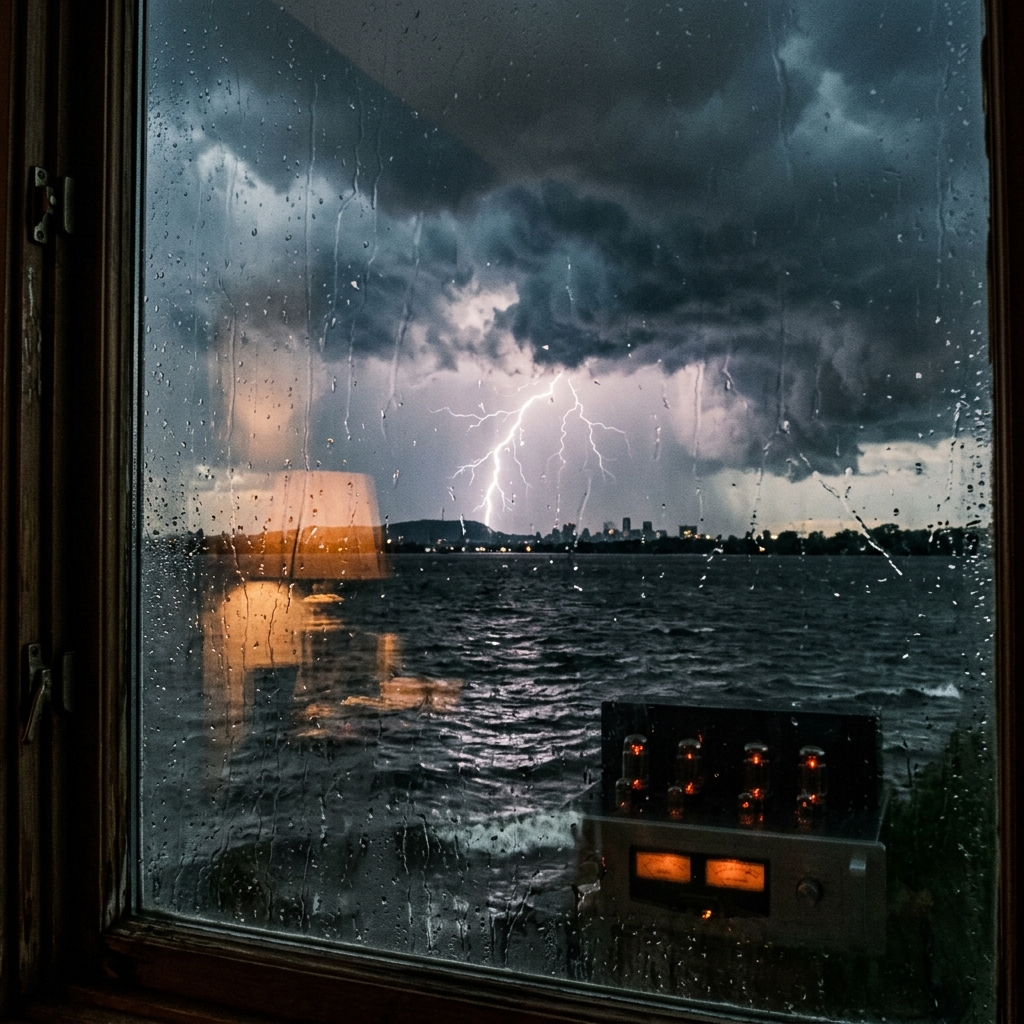 August thunderstorm rain on window overlooking Lac Saint-Louis