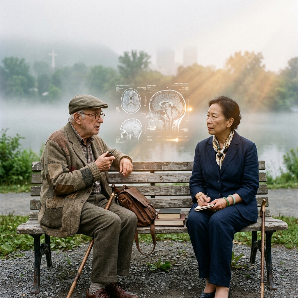 Winnie Kwan and Bram Osgoode on courtyard bench with holographic brain scan