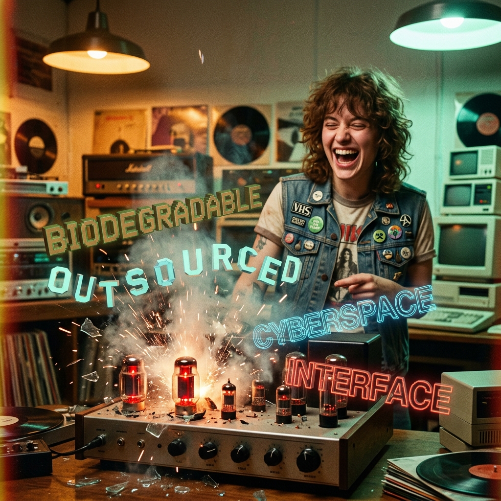 Vacuum tubes exploding into corporate buzzwords as Kit laughs