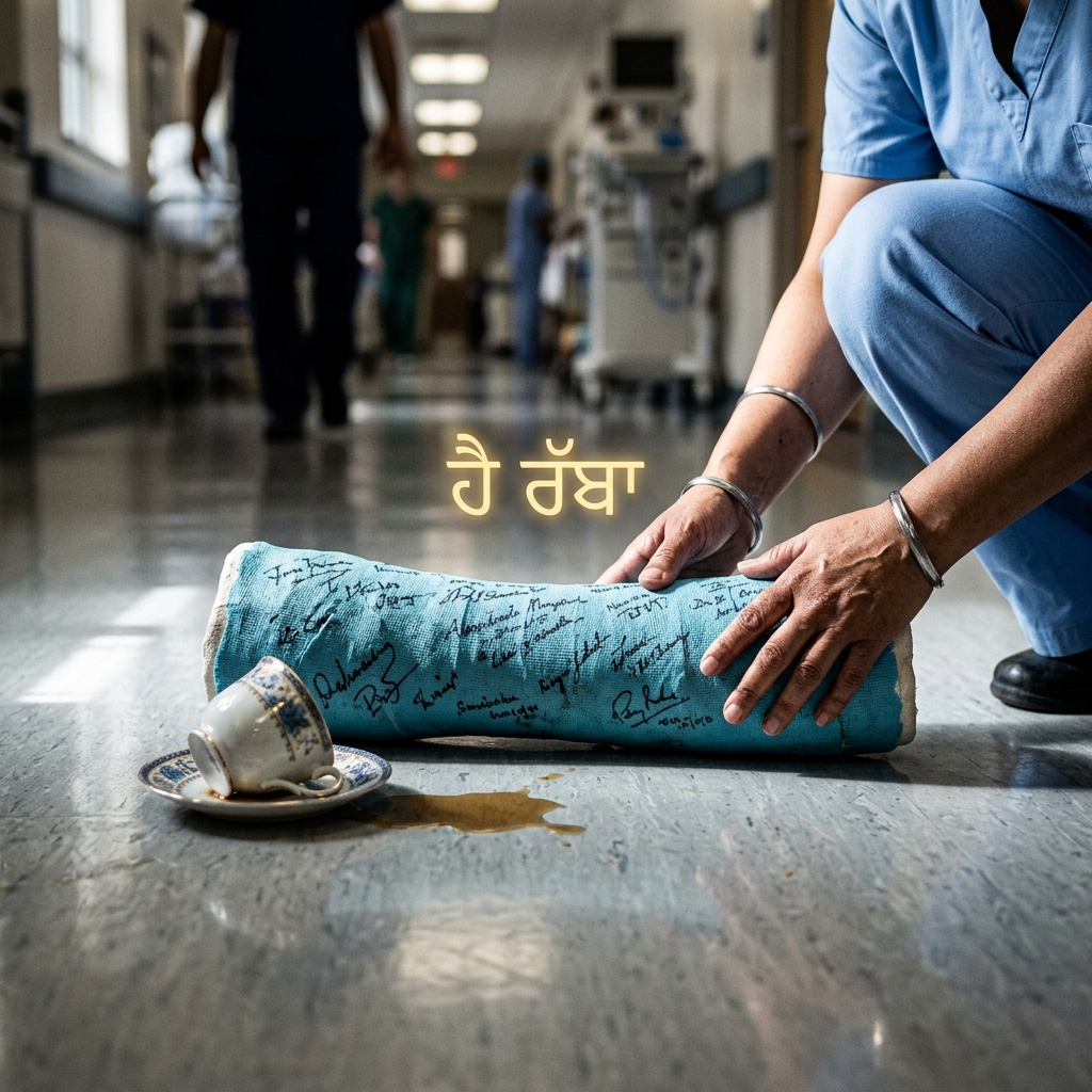 Robin's-egg blue arm cast and glowing Punjabi script Hai Rabba