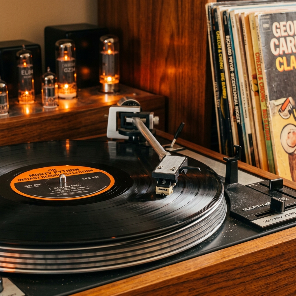 Vinyl tonearm dropping onto record with glowing vacuum tubes