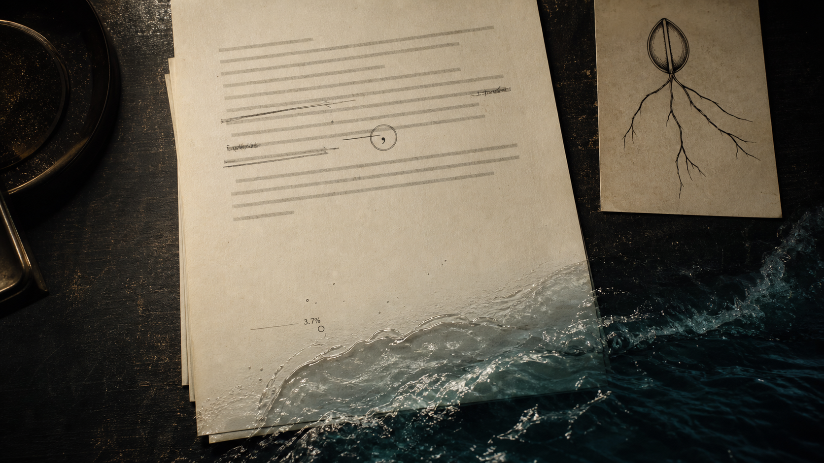 A revised cream contract on an archival desk becomes a subtle ocean wave beside a seed-like neural diagram.