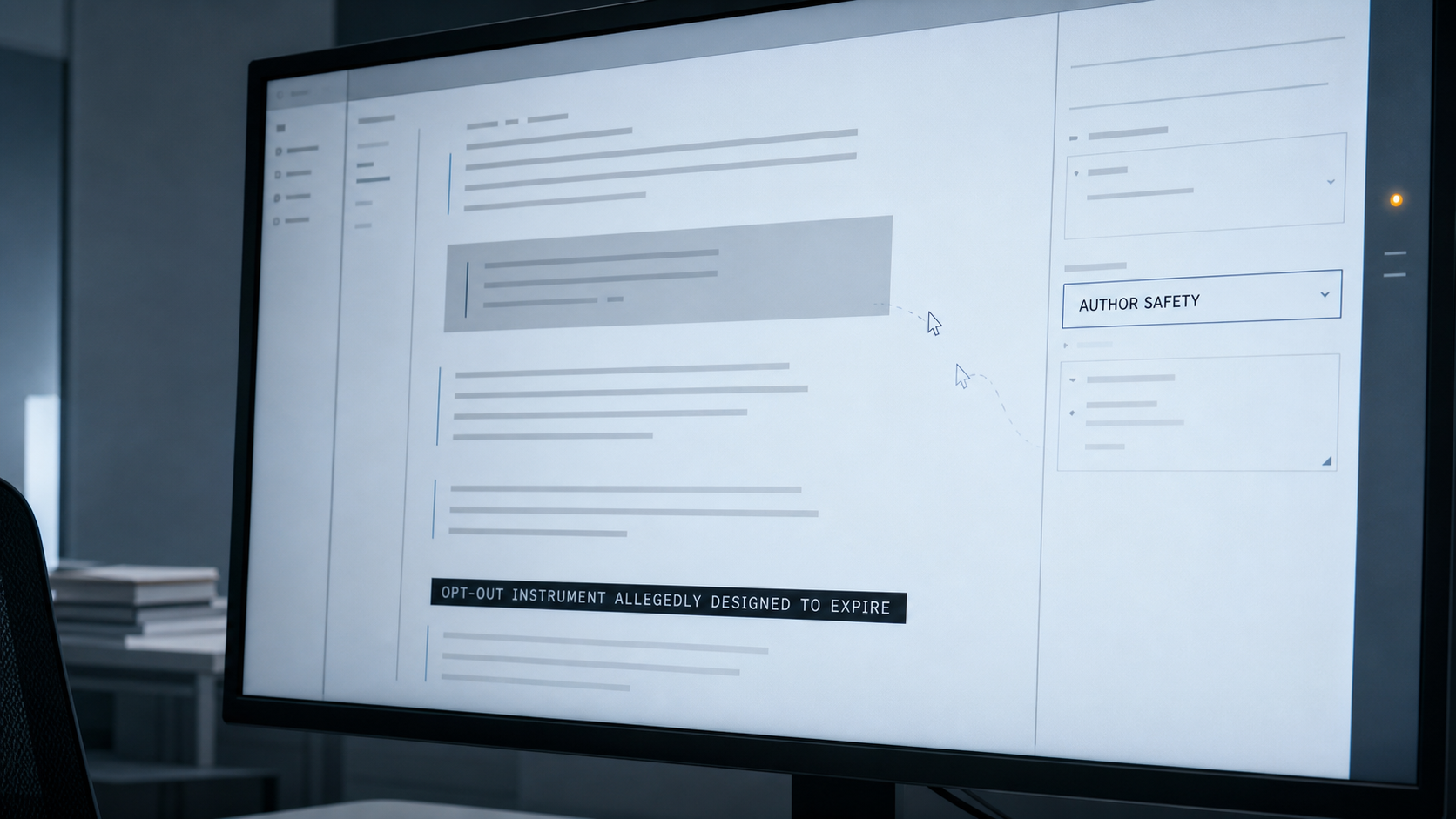 An empty near-future editorial office with a cold monitor showing an institutional rights interface and an author-safety status.