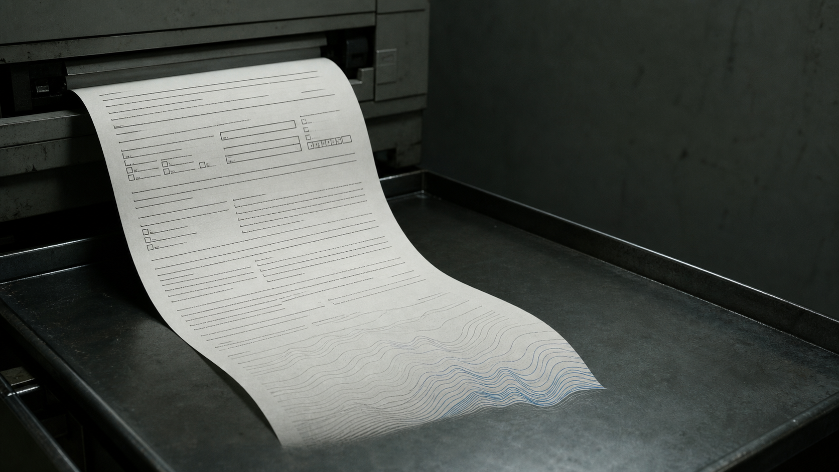 A strip of automated rights-determination paper curls from an institutional printer as procedural lines become faint tidal contours.