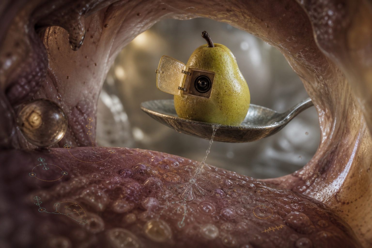 From a glistening tasting chamber, a spoon offers a pear with an open inspection hatch. A tiny lens inside the pear looks back at us; faint process diagrams curve across wet taste buds and droplets.