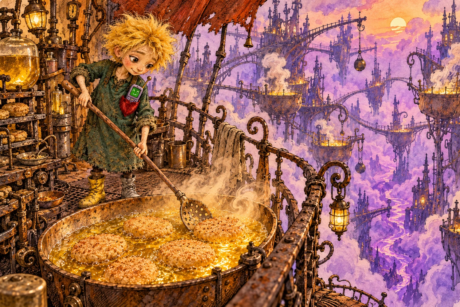 Ollie tends four soft golden cutlets above a violet abyss; Clack peers from the red velvet heart pocket.
