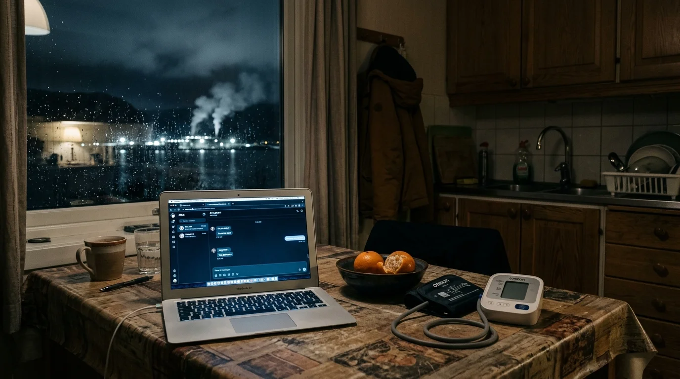 Ytre Arna apartment kitchen at 3 AM with laptop, tangerines, and blood pressure cuff overlooking fjord