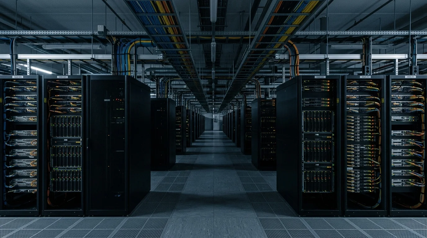 Cold blue server rack corridor in data center campus at night