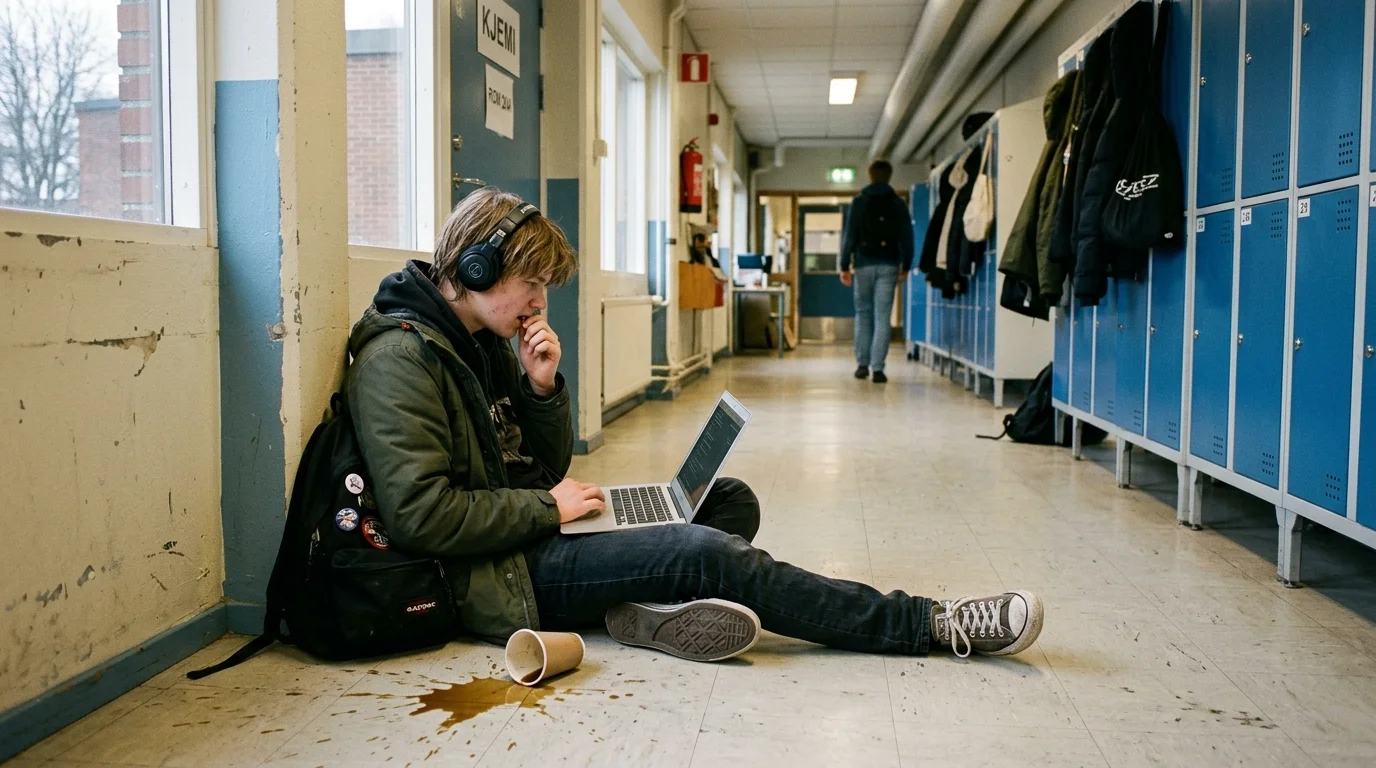 High school hallway outside chemistry class with Odd sitting on floor with laptop