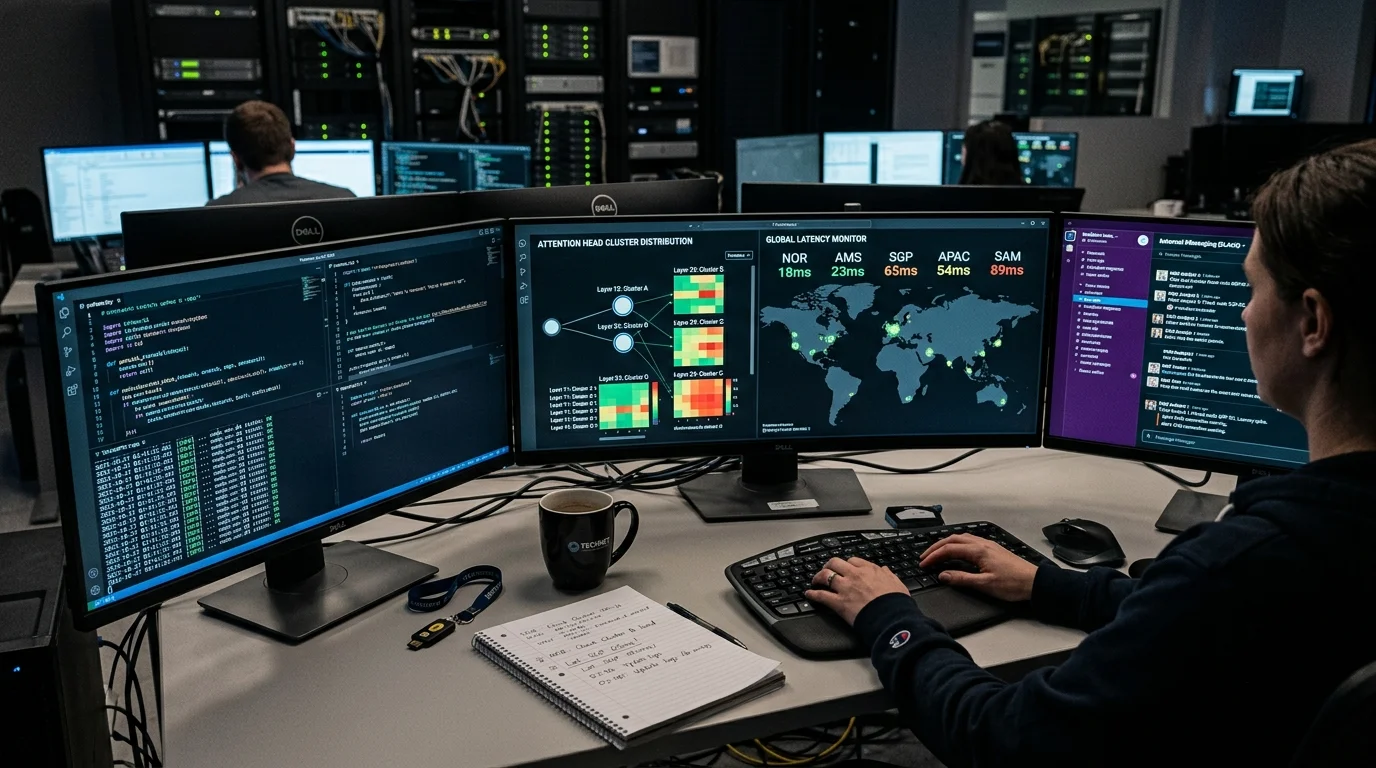 Data center network operations command room with telemetry dashboard