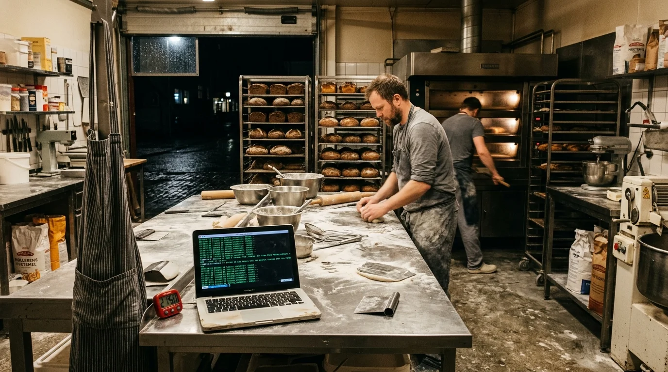 Bakery kitchen at night with stainless steel counters dusted with flour and laptop glowing