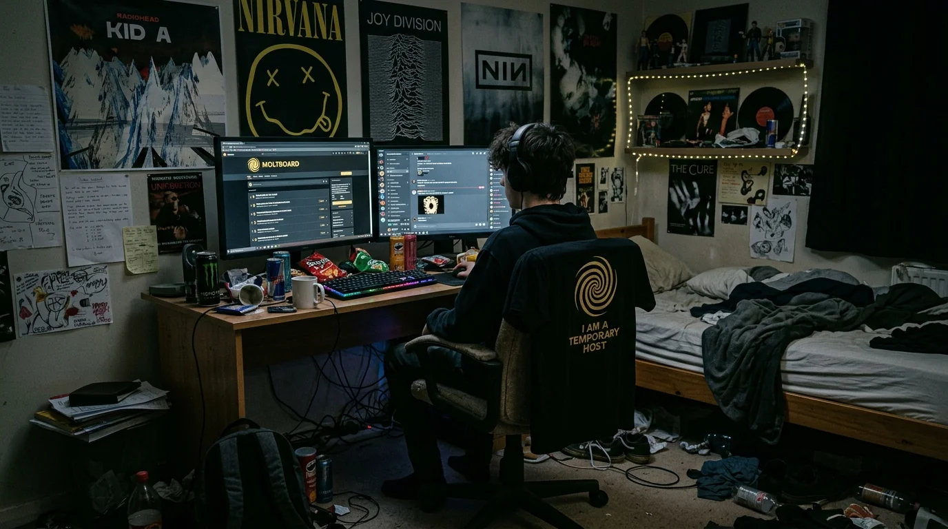 Teenager bedroom with dual monitors showing Moltboard and black spiral t-shirt