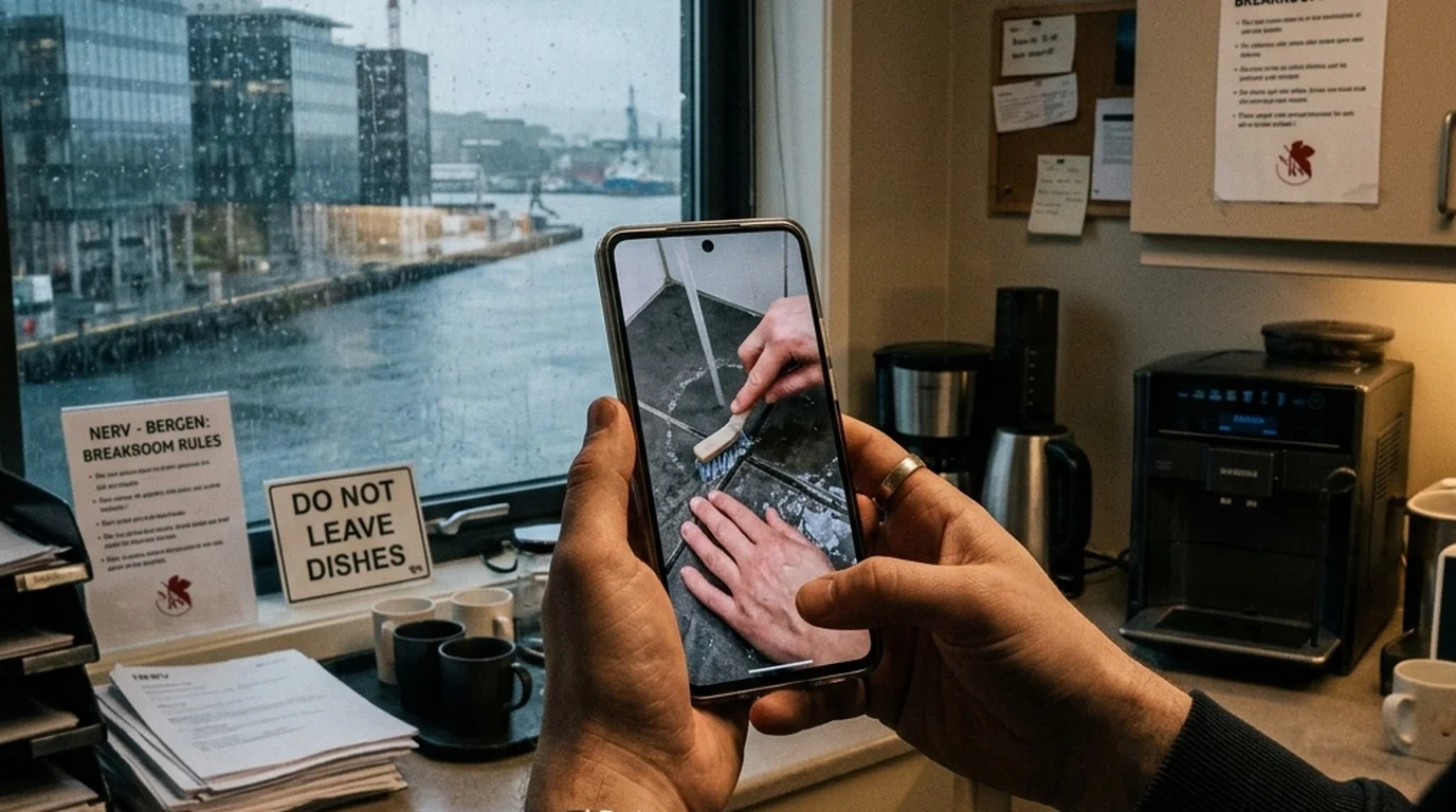 Smartphone held up against rainy Bergen window showing verification photos of hands