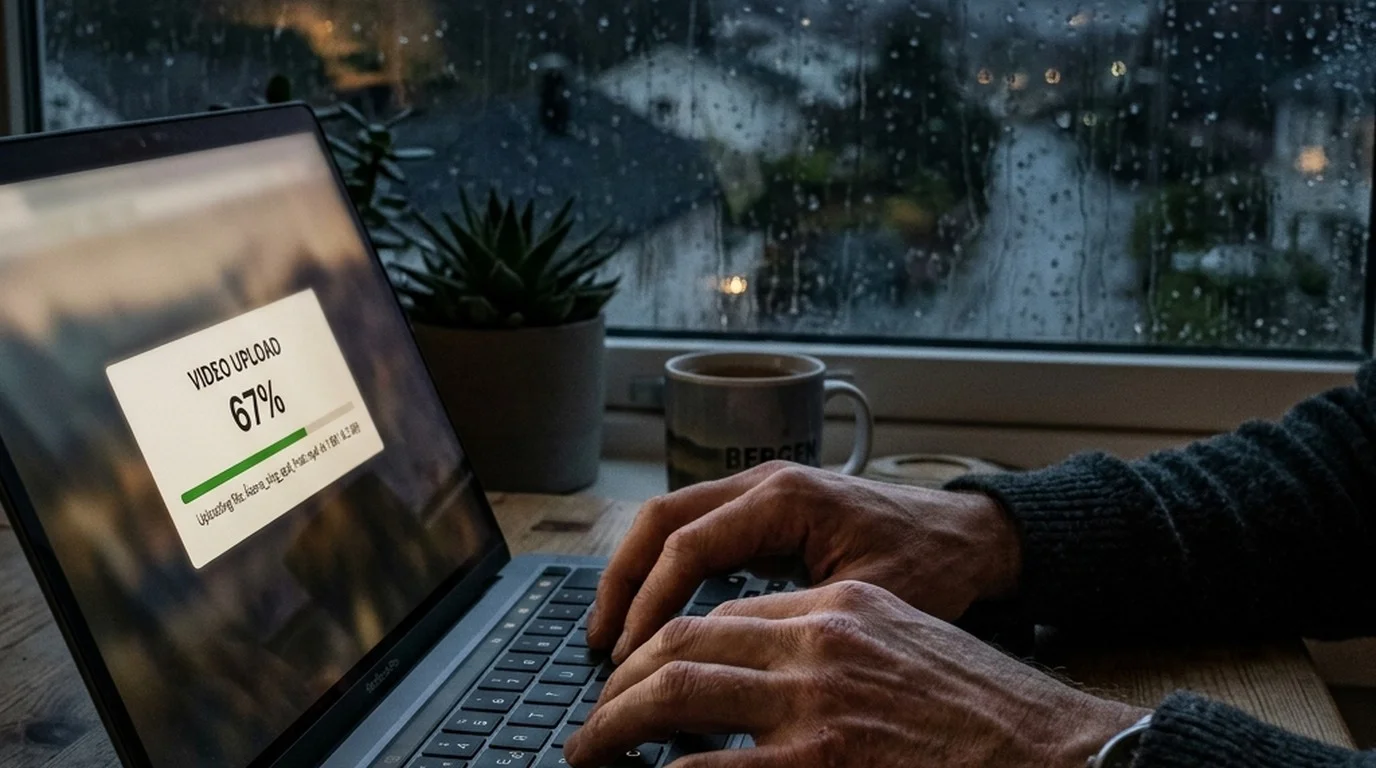 Hands on laptop in front of rainy Norwegian window with potted plant in low light