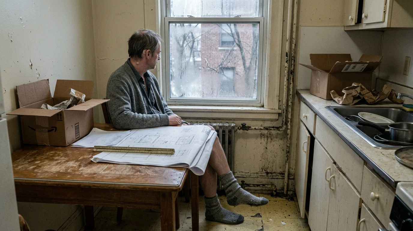Marc sits slumped at his scuffed kitchen table in fraying wool socks, surrounded by curled drafting blueprints and delivery boxes, the small unlit silicone anchor visible behind his mastoid.