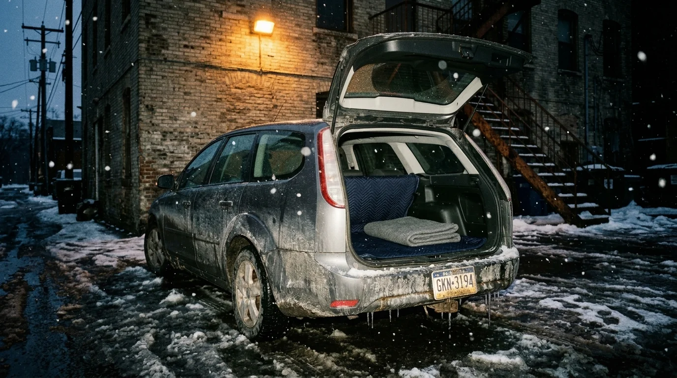 A slush-splattered station wagon in a snow-swept brick alleyway caught in direct camera flash, rear hatch open to reveal a clean, orderly cargo bed lined with a quilted moving blanket and folded wool.