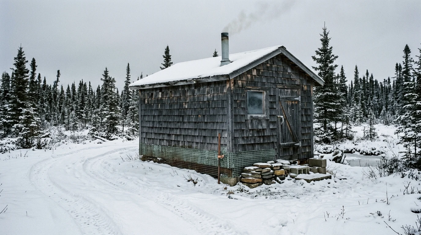 An isolated cedar-shake cabin in black spruce muskeg, the foundation skirted in green-oxidized copper wire mesh grounded into the frozen snow.
