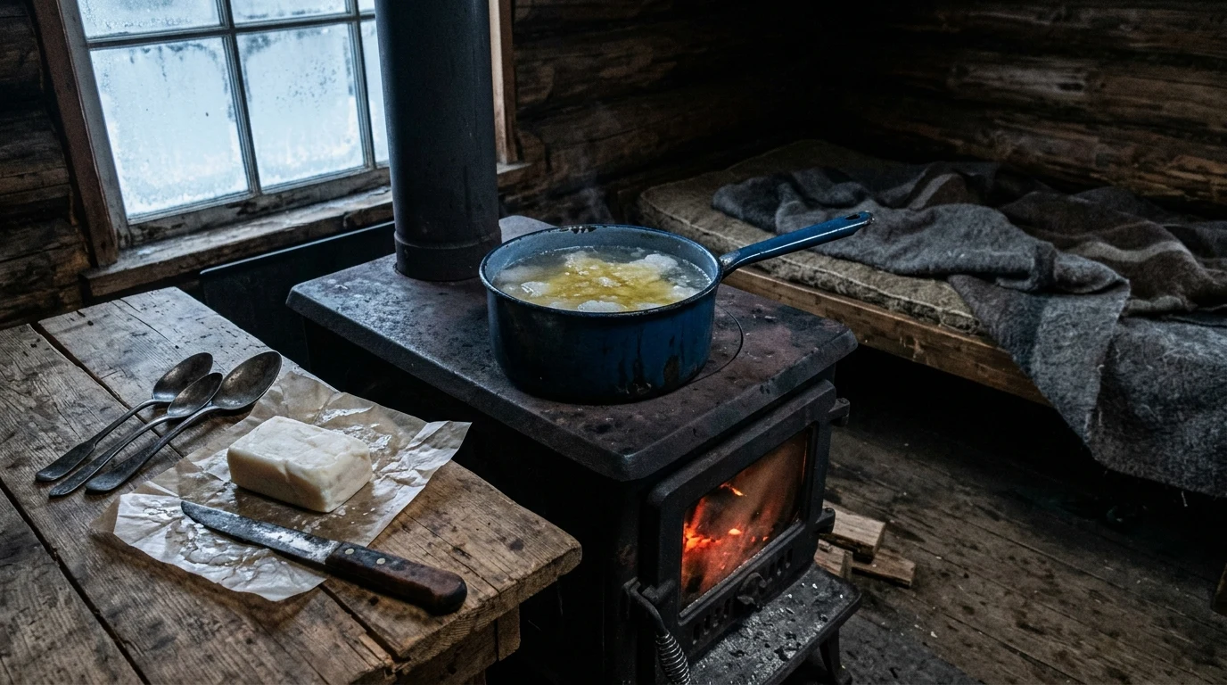 A dented blue enamel saucepan of snow meltwater and yellow lard simmering on an iron box woodstove beside iron spoons and an unwrapped block of fat.