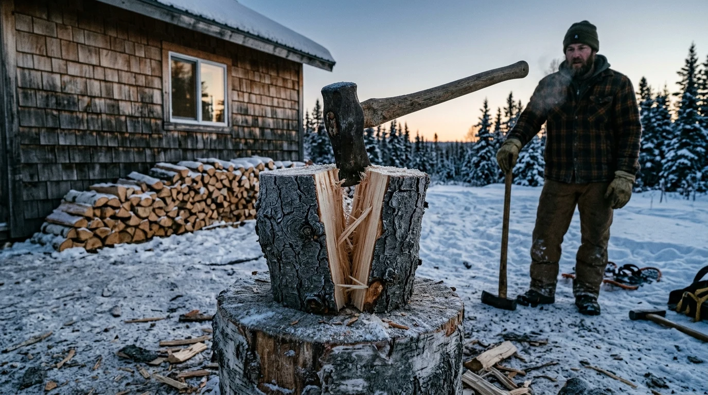 An eight-pound iron splitting maul wedged into a frost-cracked round of tamarack outside the cedar cabin at minus eighteen degrees, ranks of split firewood stacked against the wall.