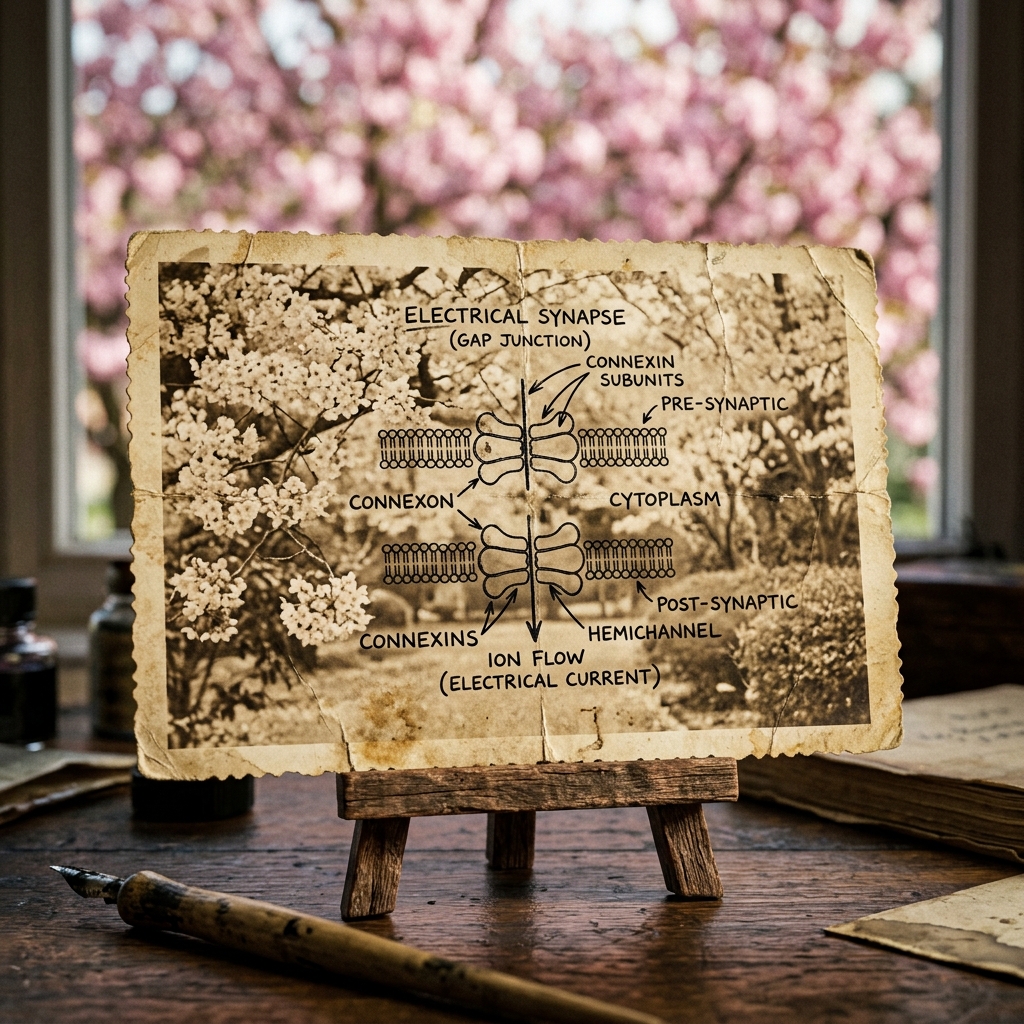 Archival postcard of pink cherry blossoms set on a tiny wooden stand in front of the window