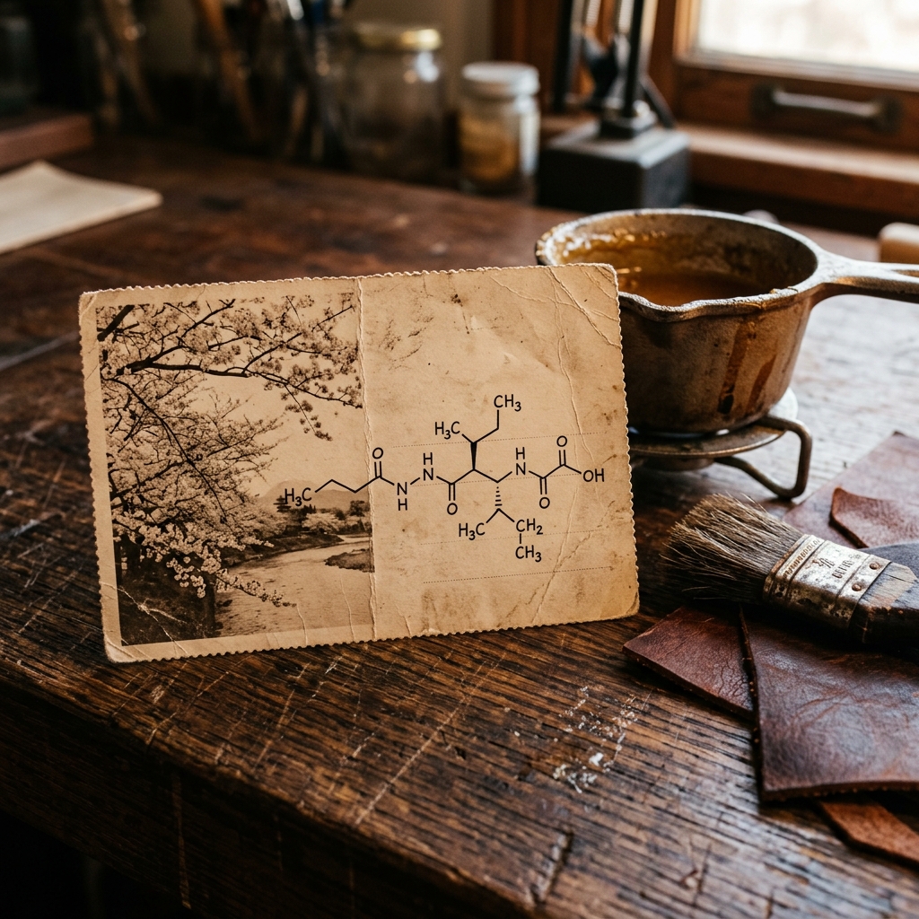 Vintage postcard resting on craftsman desk with leather binding tools and hide-glue pot