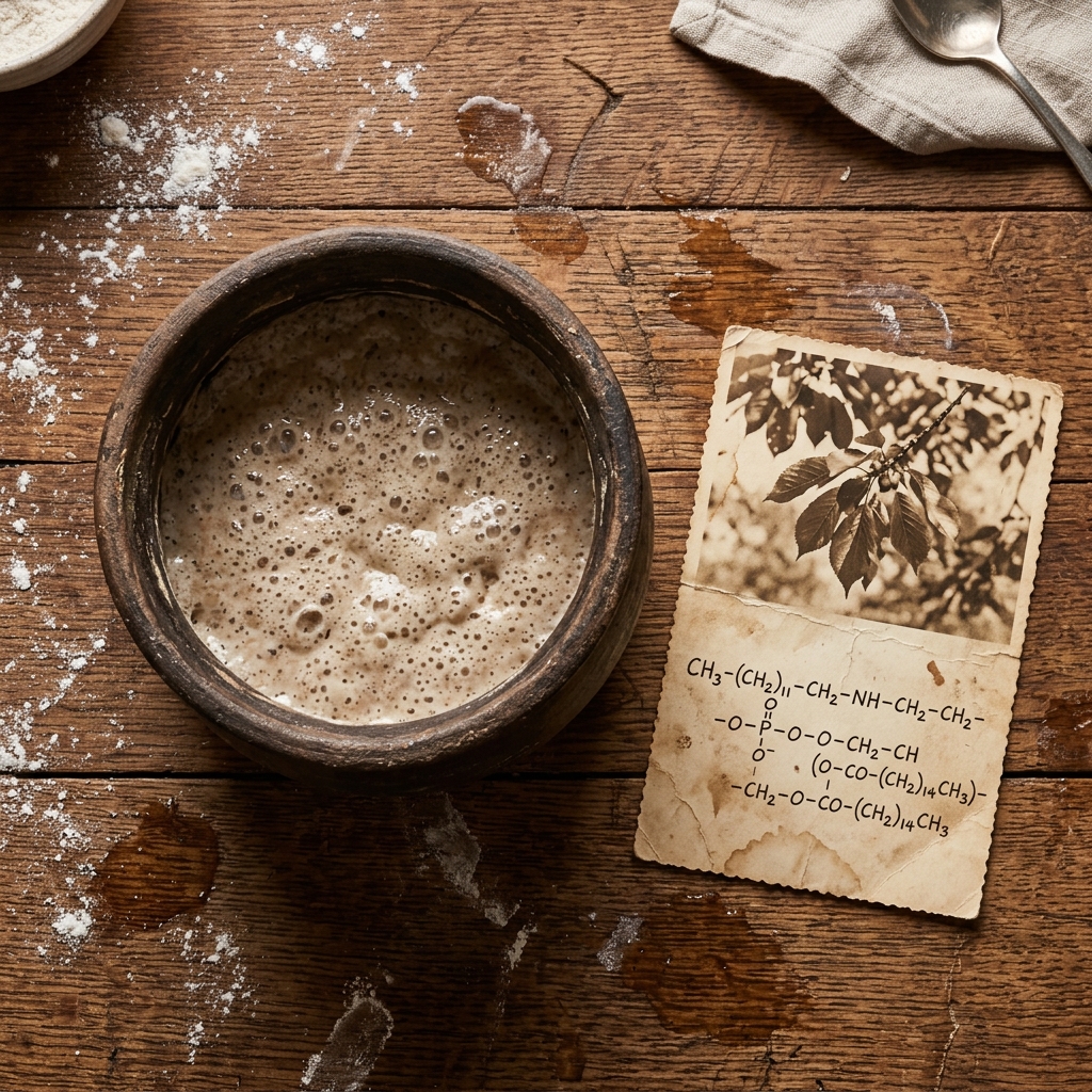 Vintage postcard water-stained and dusted with flour next to rye sourdough starter crock