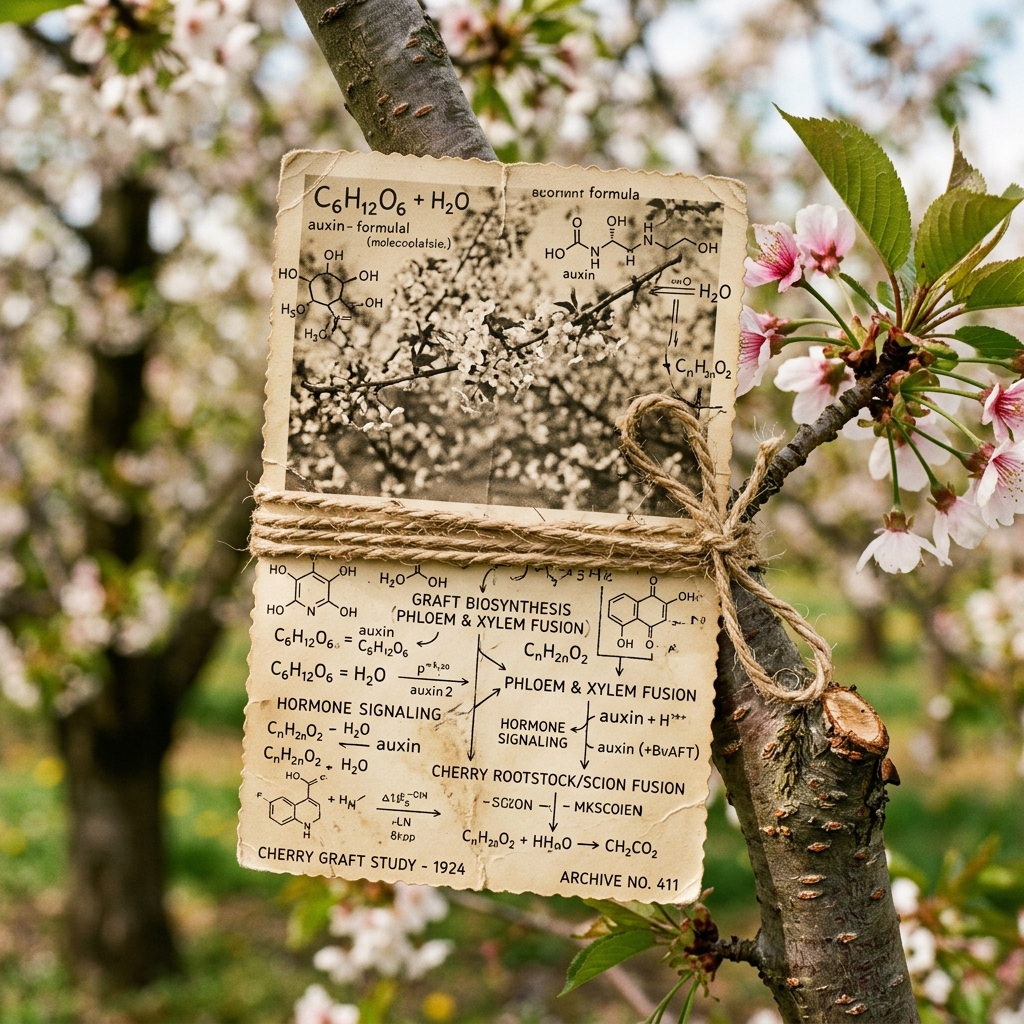 Vintage postcard grafted and bound with waxed twine to a cherry tree branch