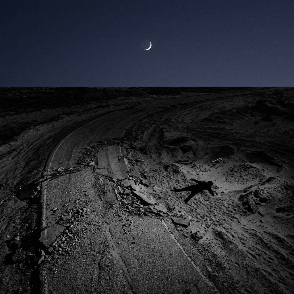 Muted shadowy aerial drone perspective of crumpled grey roadway at dusk moments after strike