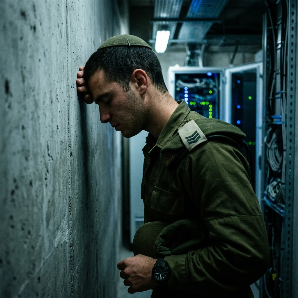 IDF intelligence staff lieutenant corridor profile with forehead pressed against cool concrete wall