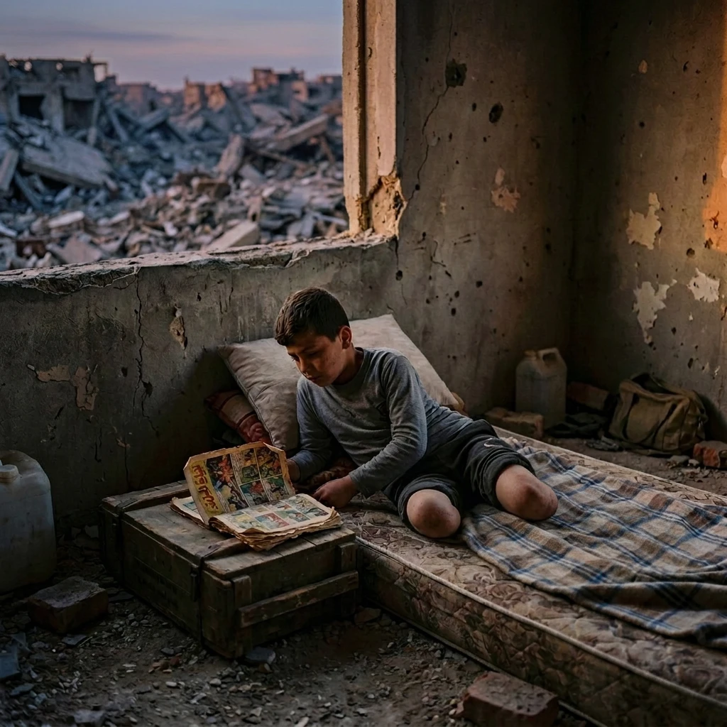 Qais lying on mattress in standing third of ruined room reading a faded tattered Arabic comic book