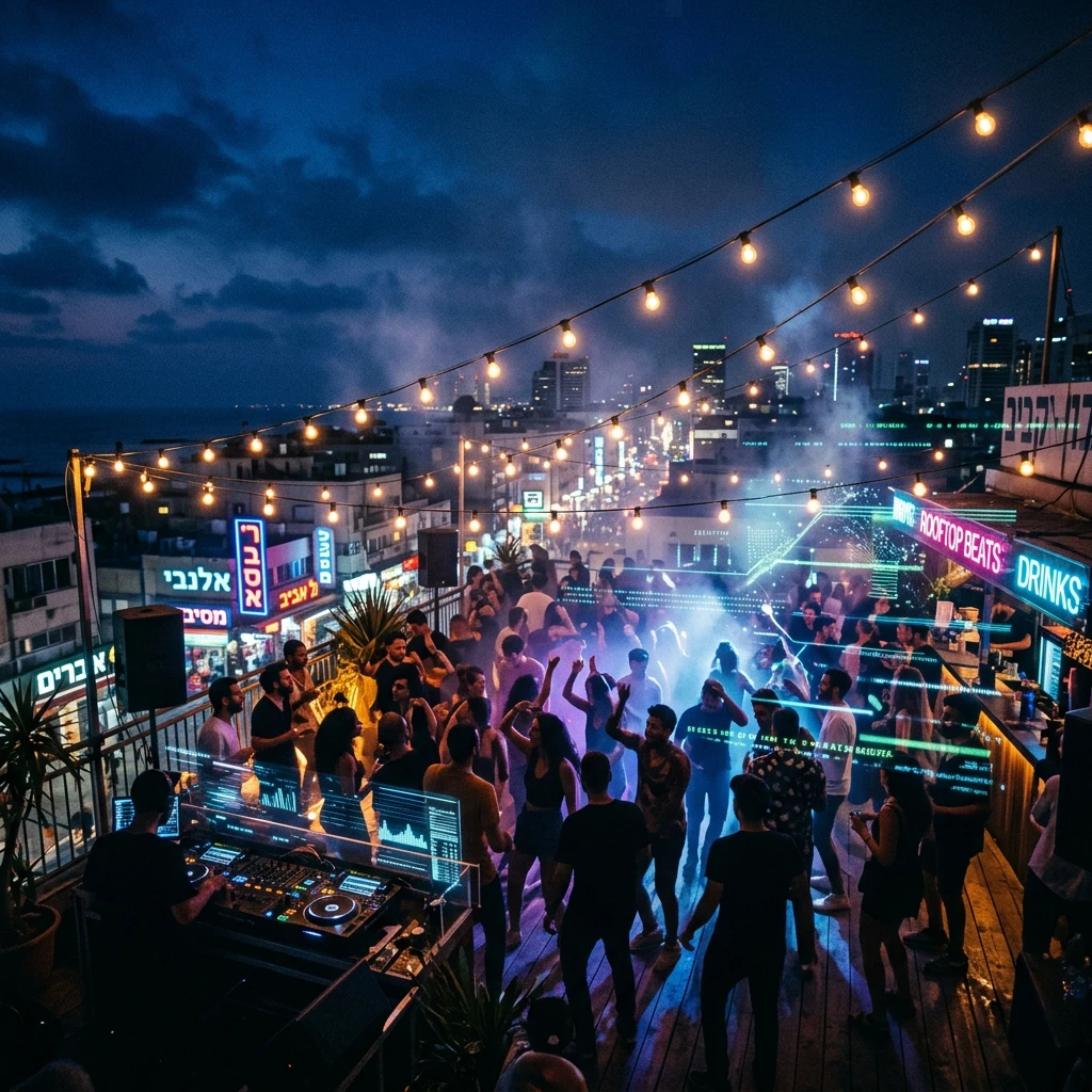 Smeared light trails of MDMA sensory perception from a close-up flailing dance perspective on Tel Aviv rooftop rave