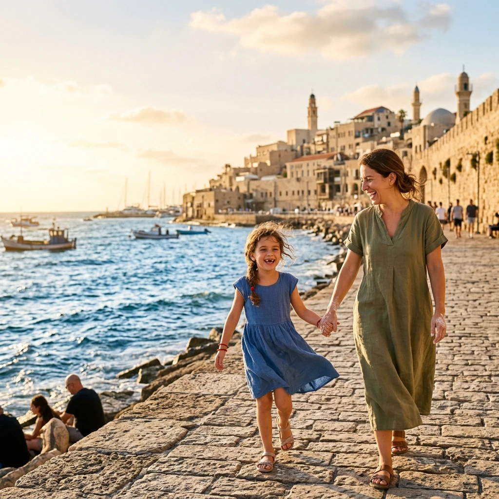 Mother and seven-year-old gap-toothed Sama laughing on Jaffa corniche in golden Mediterranean sunlight