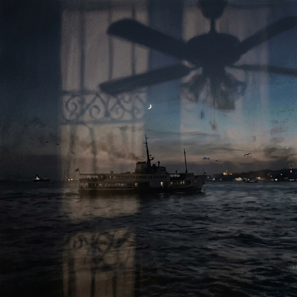 Ferryboat silhouette drifting on dark sea under thin crescent new moon with ceiling fan shadow