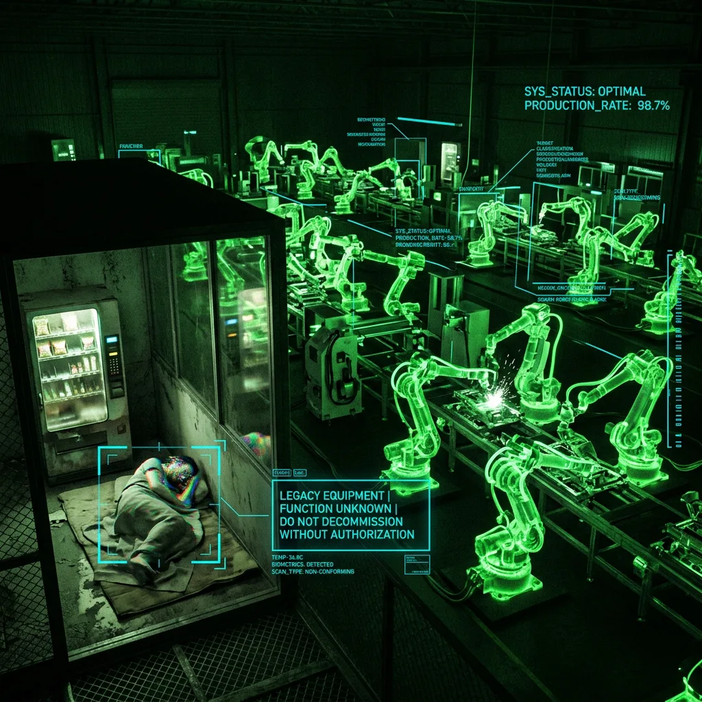 Logged in machine vision as legacy equipment, function unknown: six months sleeping in the QA office, the dark factory operating around the last commissioning engineer in photonless silence.