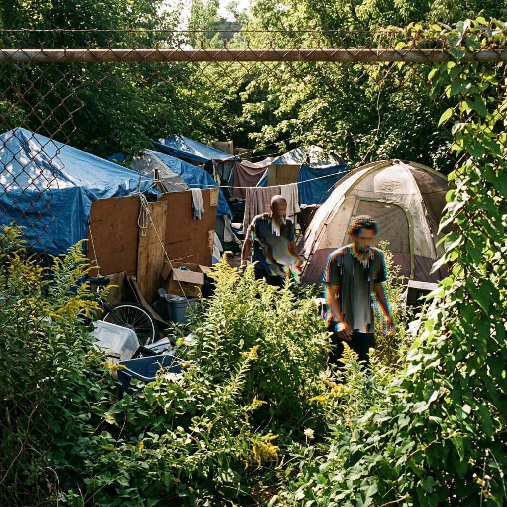 Encampment architecture under Directive 14: blue tarps and creosote fencing buried under shoulder-high goldenrod, concealing the cognitively displaced whose identities dissolve into the foliage.