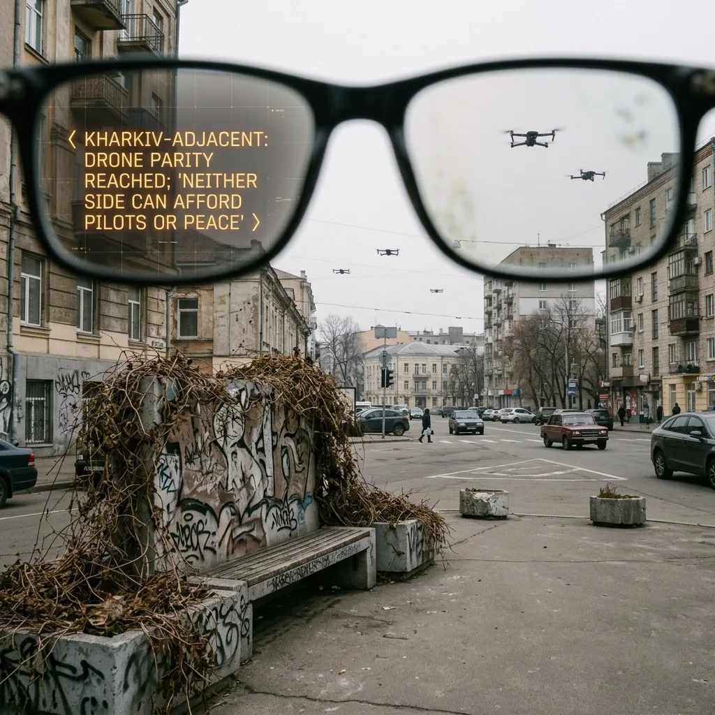 Dreadfeed at moth scale: drone parity headlines flickering across the visual field, small wounds suppurating laterally between autonomous systems.