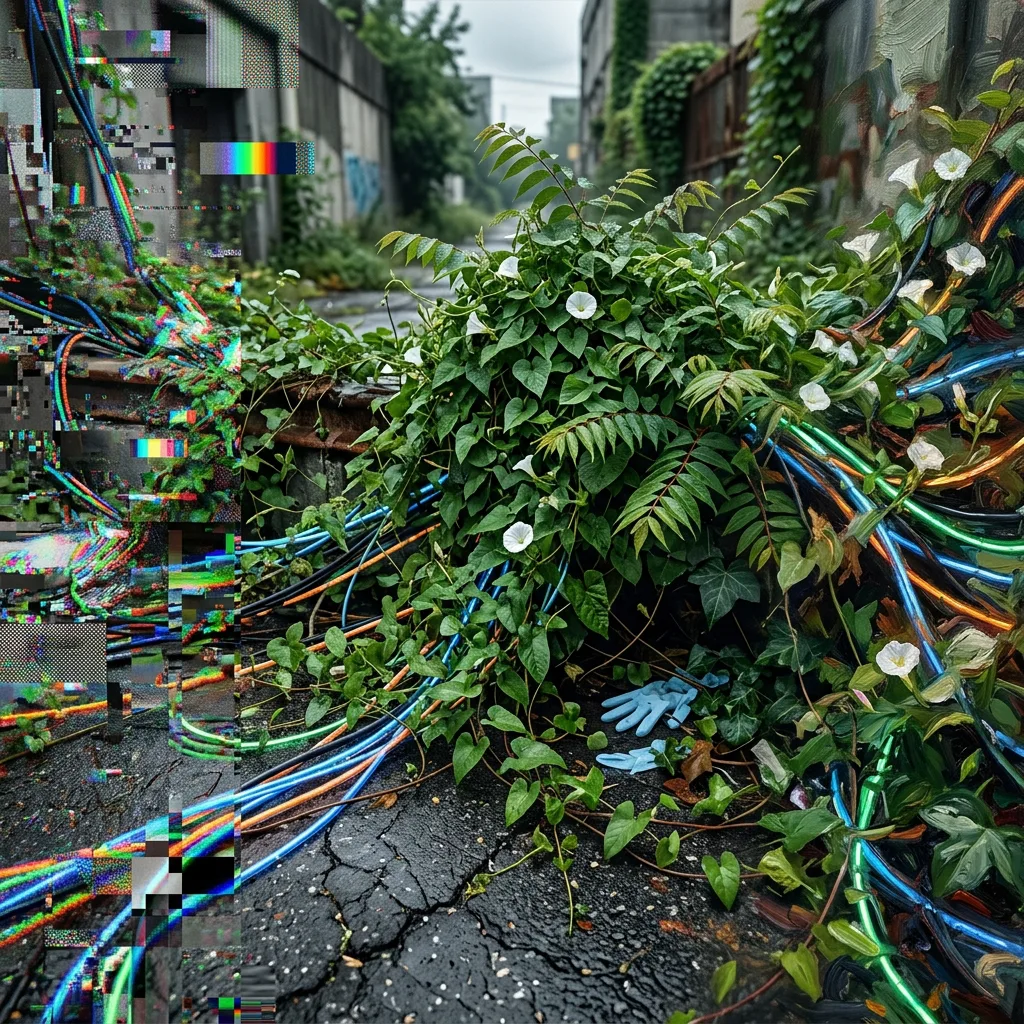 A city surrendering in good faith to its own greening: chlorophyll and fiber optics interweaving in the morning heat, where data centers drink rivers and wild vines claim the security grilles.