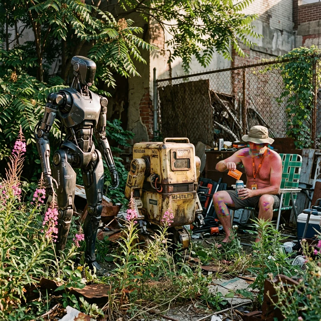 Robots First resetting the freed machines to seminar: a heron-elegant Hanwha and yellowed Meridian debating Spinoza in fireweed and ailanthus shade while a worker listens from a broken lawn chair.