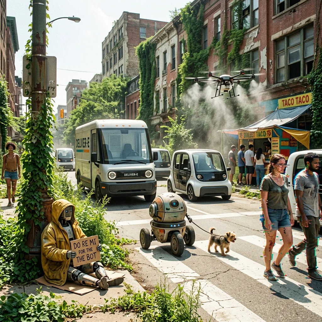 The texture of simultaneity: seatless autonomous electric cars deferring to a stray dog on the crosswalk, a crop-duster mister cooling the taco line, and begging robots running supplication scripts at vine-choked lampposts.