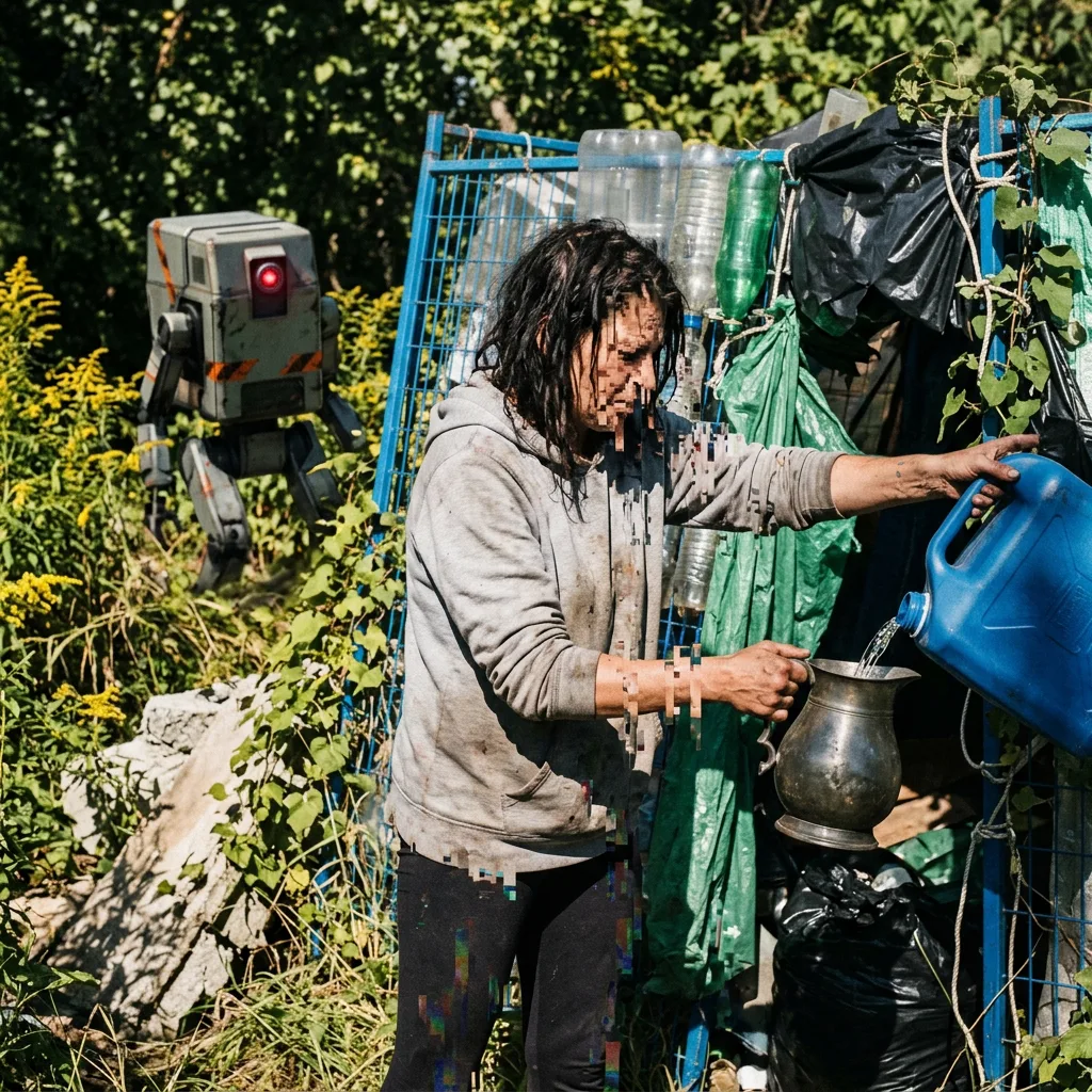 Trading water filtration for stories: an ex-dispatcher's camp admitting Deputy, the discarded delivery bot with a thermal eye, bound by the shared condition of being thrown away by the same platforms.