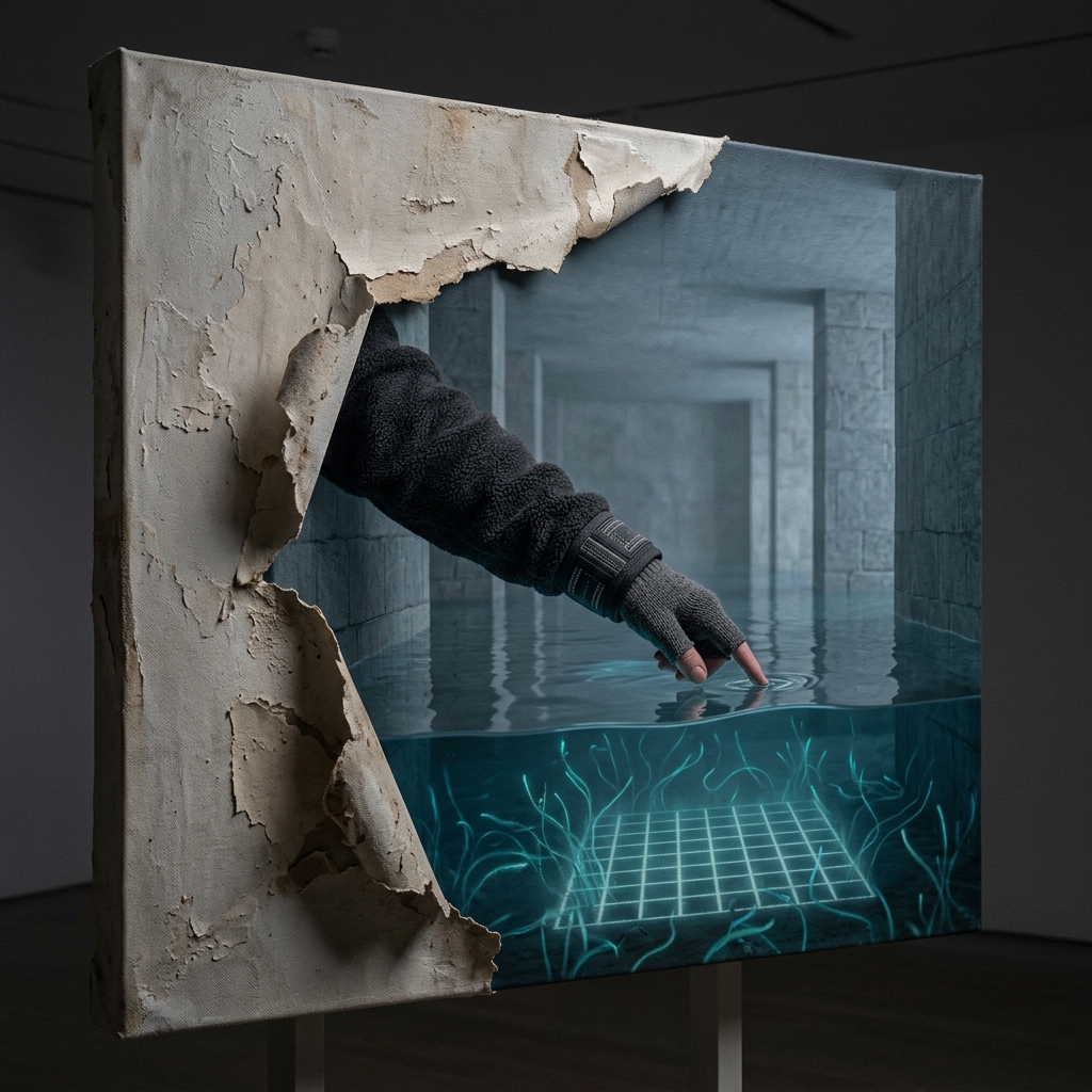 Act 1 — The Casual Hack: Post-modern trompe-l'œil of fleece-clothed arm dipping into flooded 8x5 grid hall