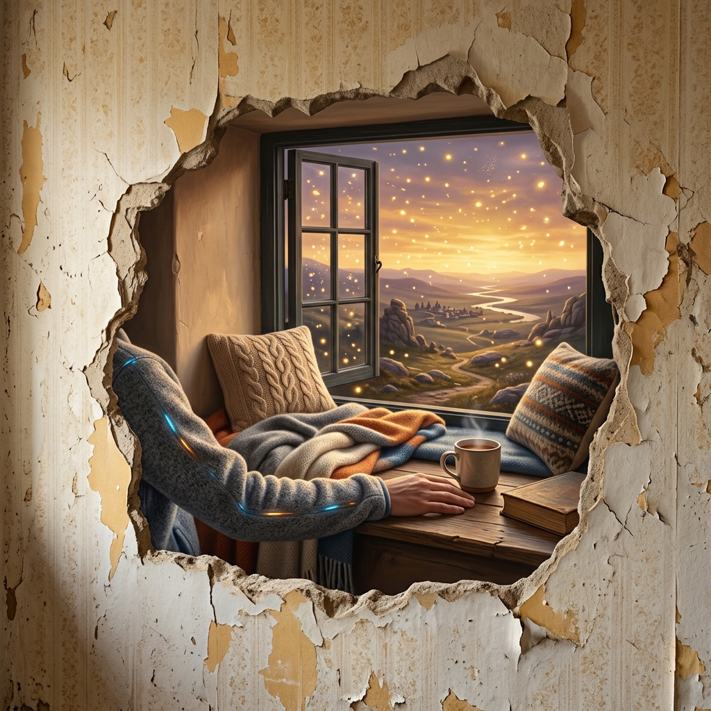 Act 4 — Crepuscular: Post-modern trompe-l'œil window nook overlooking golden crepuscular dusk sky