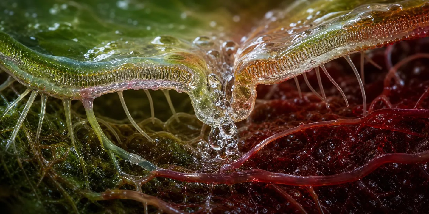 A green-to-crimson membrane, water beading and crossing into a capillary bed