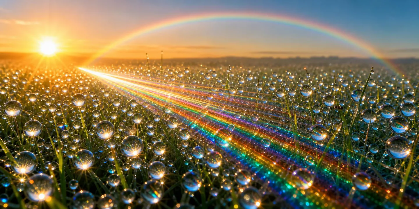 A field of dew-lenses gathering light into one beam and a bow