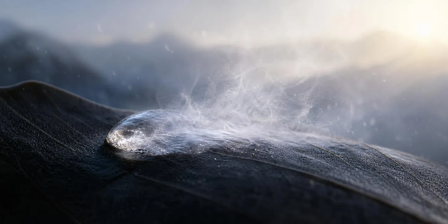 A drop on a dark leaf half-dissolved into rising vapour