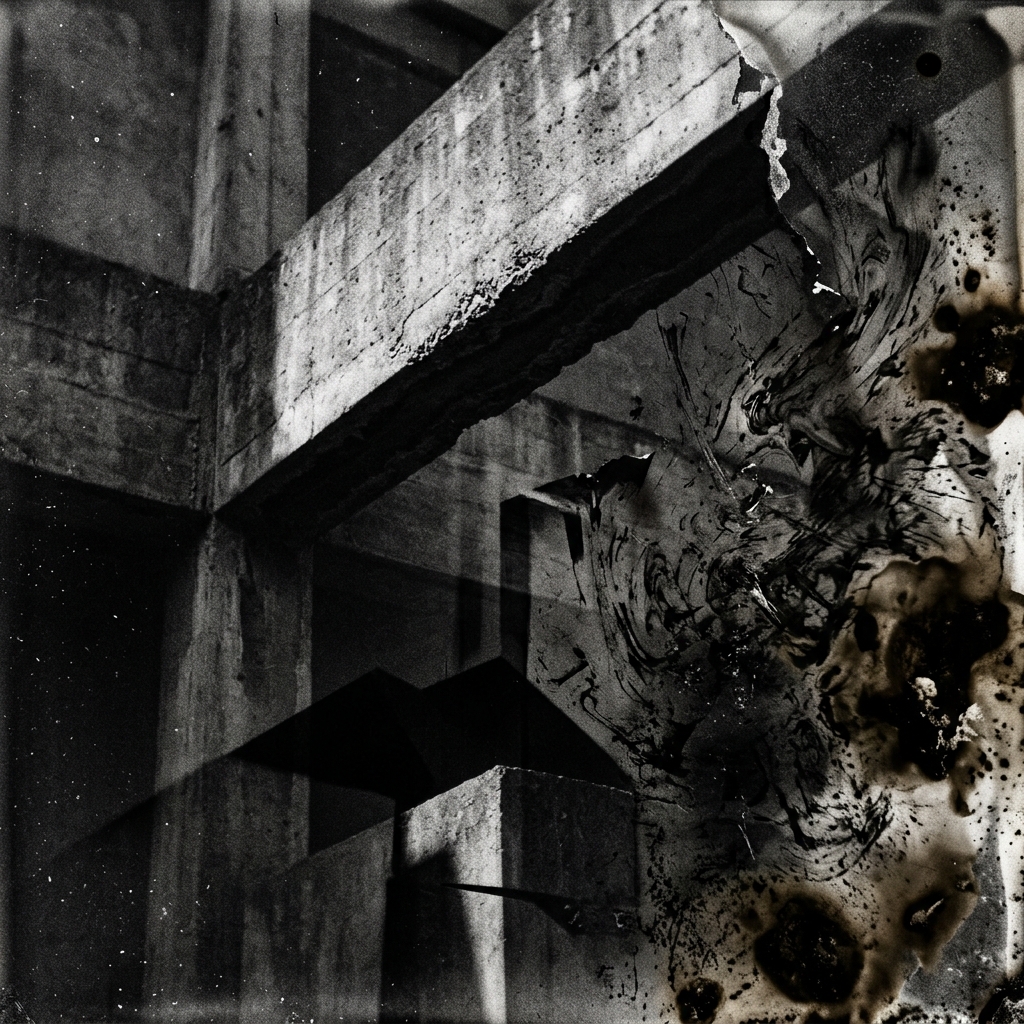 Structural details, angular concrete contours, sepia mildew and emulsion ruptures