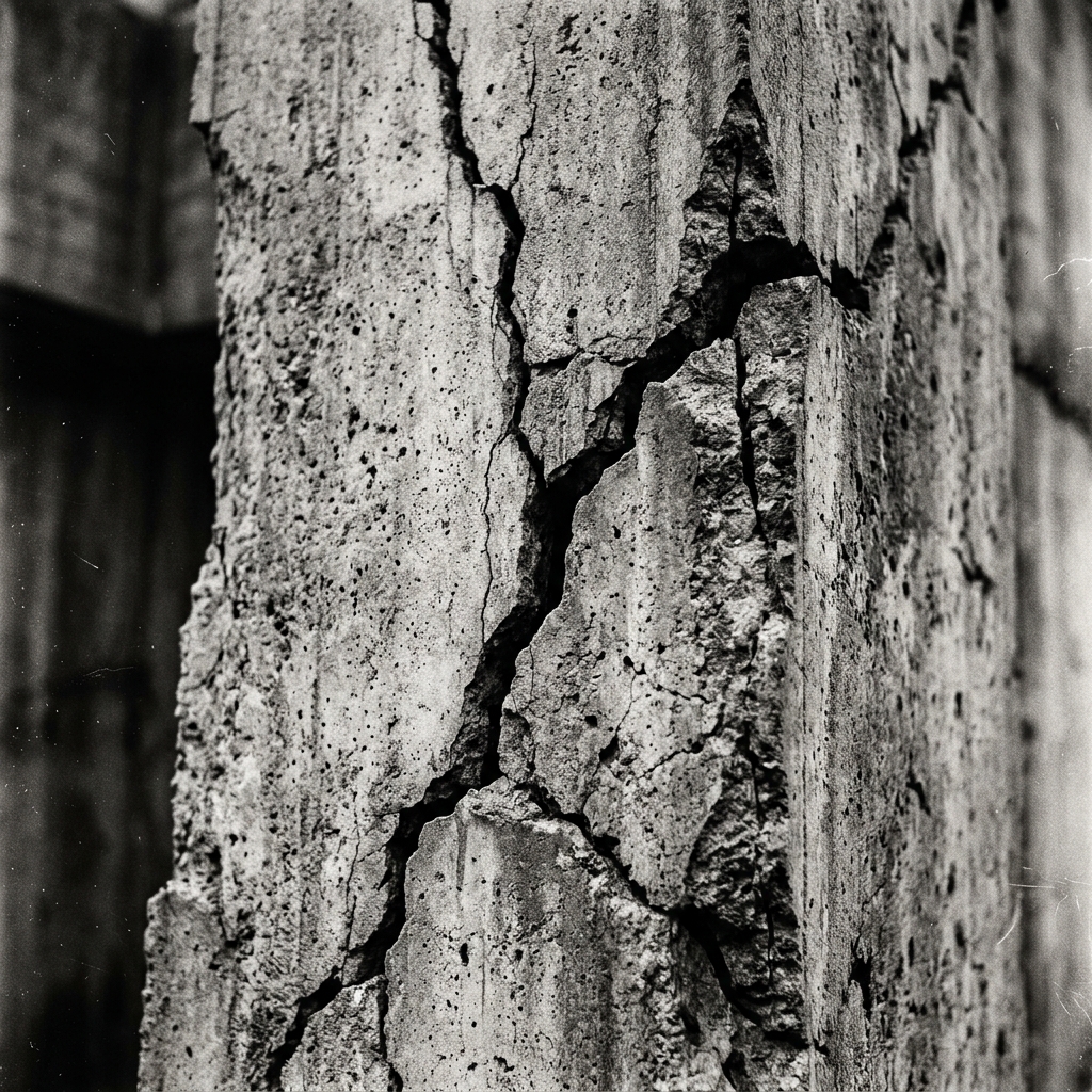 Structural concrete cracks, textured decay, dust grain anomalies along angular contours