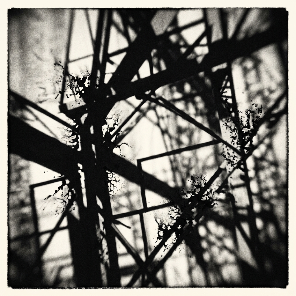 Blurred abstract silhouettes of structural shadows and sepia mulch blemishes